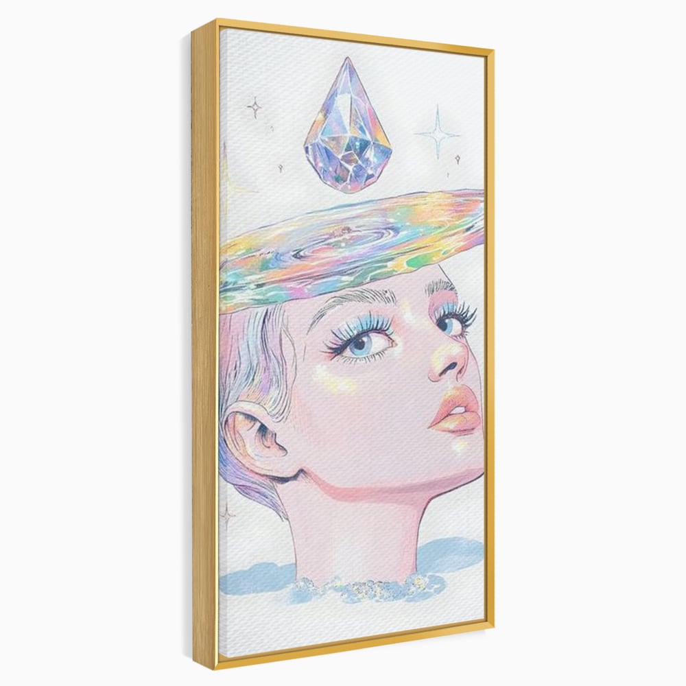 Tablou canvas cu ilustratie cu portret de femeie si galaxie, in rama de aluminiu auriu